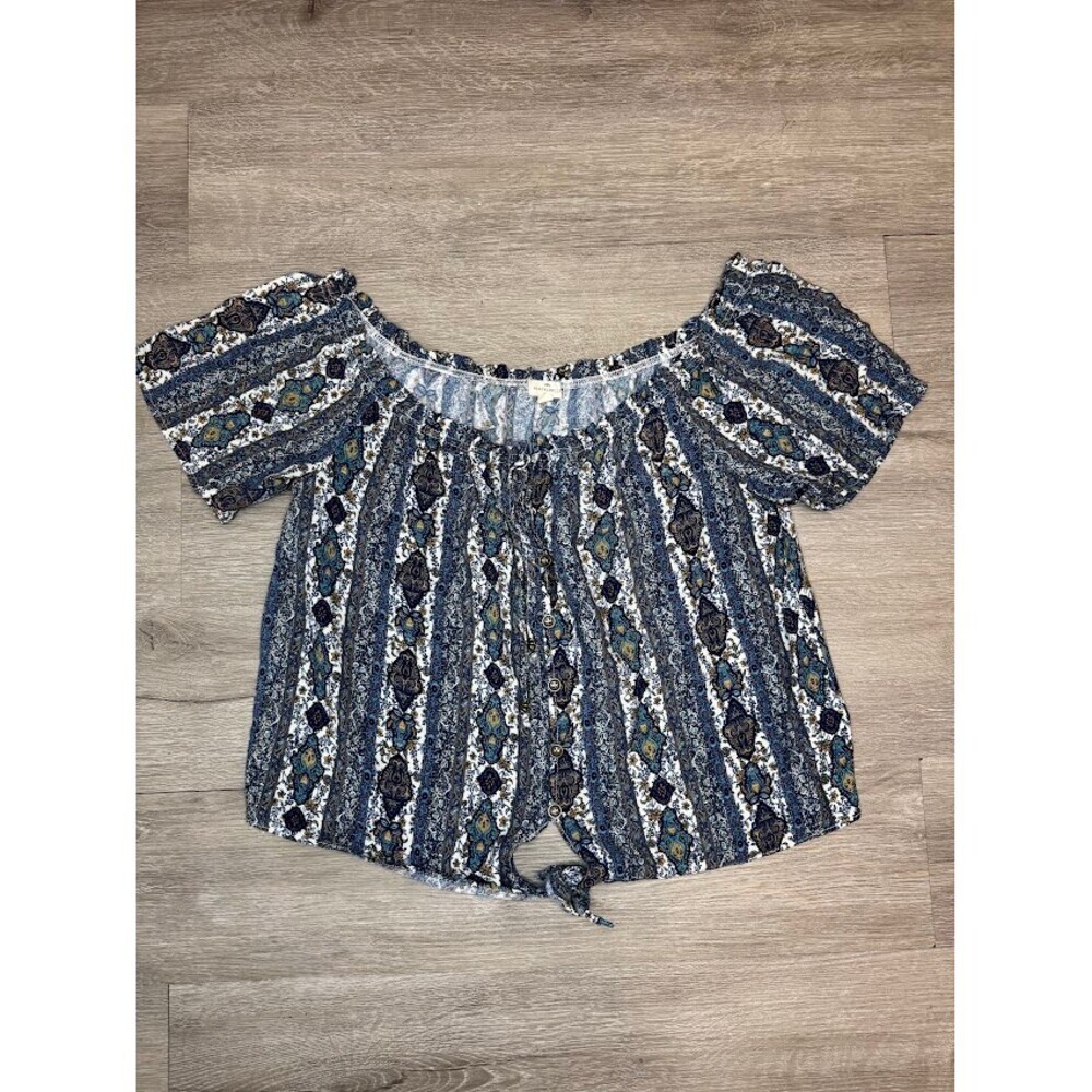 Boho Off Shoulder Peasant Top Paisley Tribal Print Tie Front Blouse Large